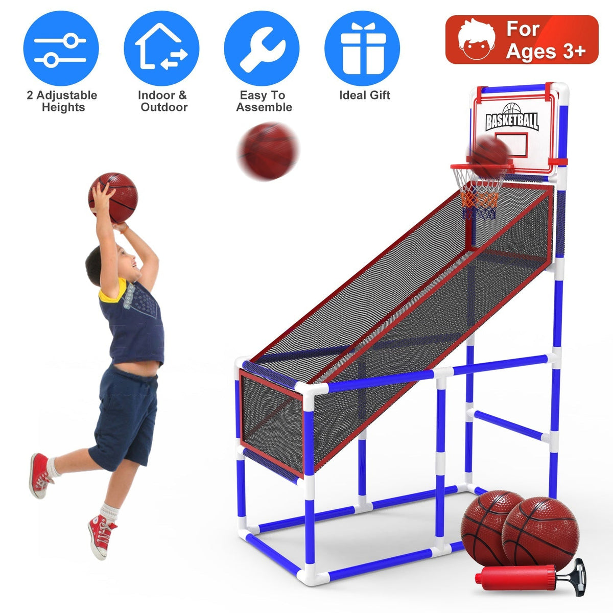 Kids\' Basketball Game Set with 2 Balls Adjustable Height Basketball Hoop Arcade Game Indoor Outdoor Toys for Boys Girls Aged 3-12